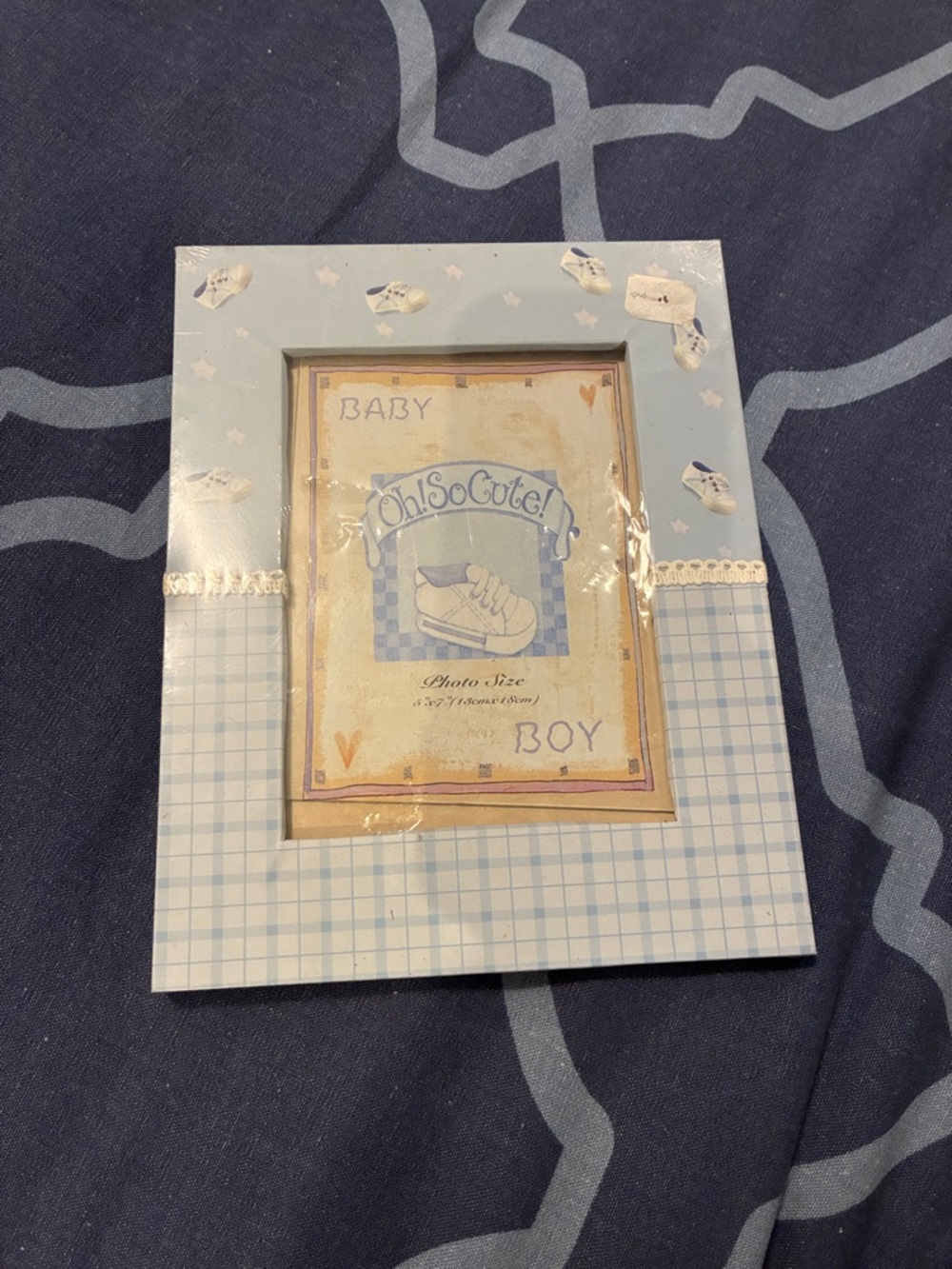 Baby Boy Photo Frame - Blue Plaid "Oh So Cute"